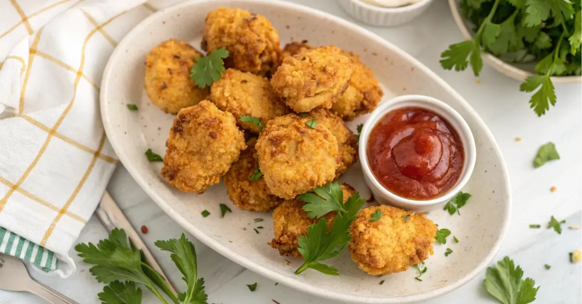 Crispy air fryer chicken bites served with dip