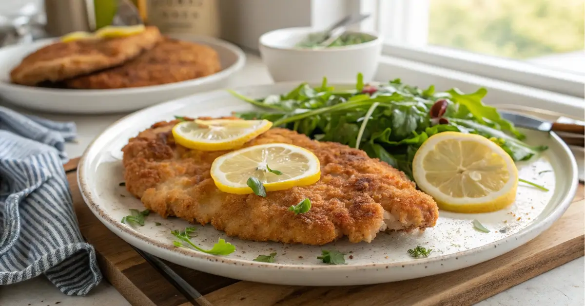 Dairy in a Chicken Milanese close-up on a plate