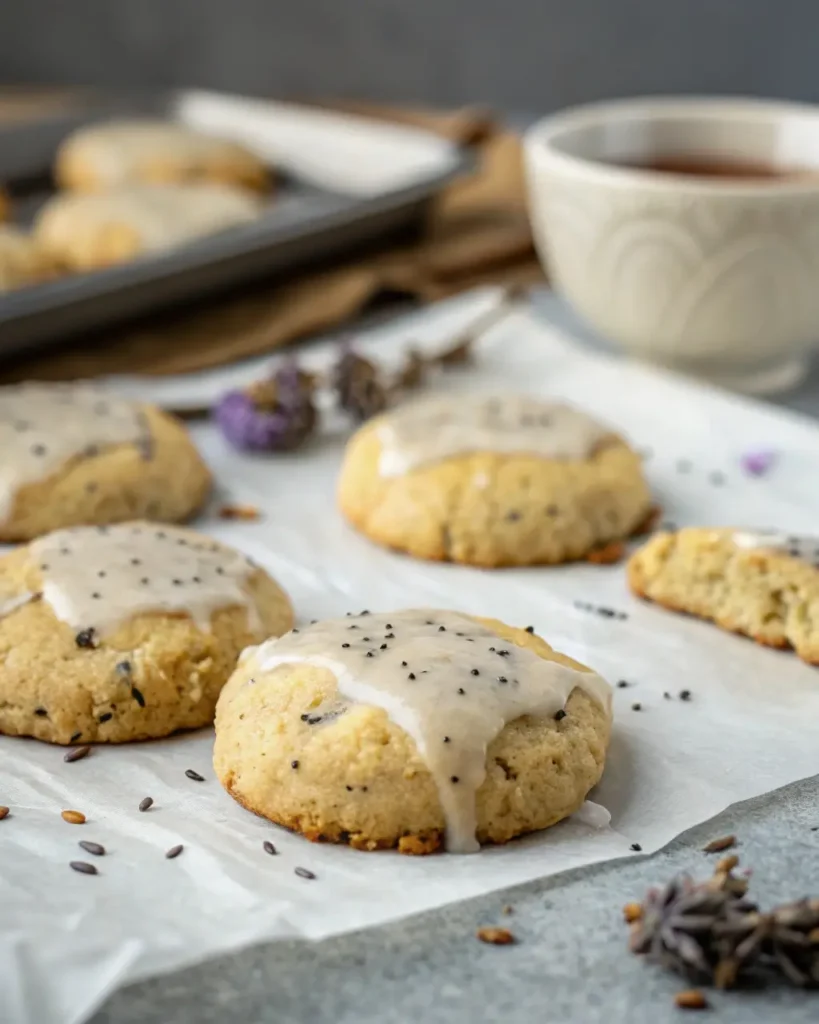 Earl Grey cookies decorated with glaze and edible flowers