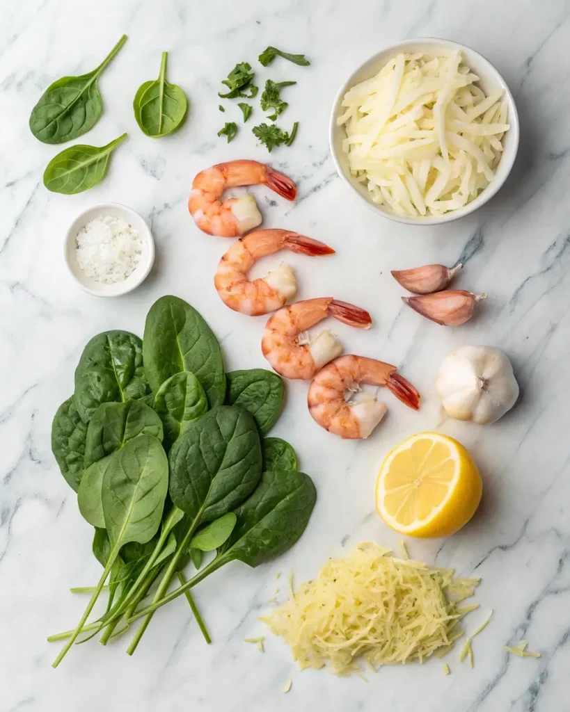 Fresh shrimp, spinach, garlic, and cheese for Shrimp Scampi Pizza