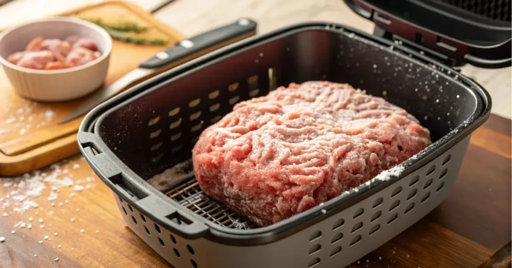 Frozen pound of ground beef in air fryer basket