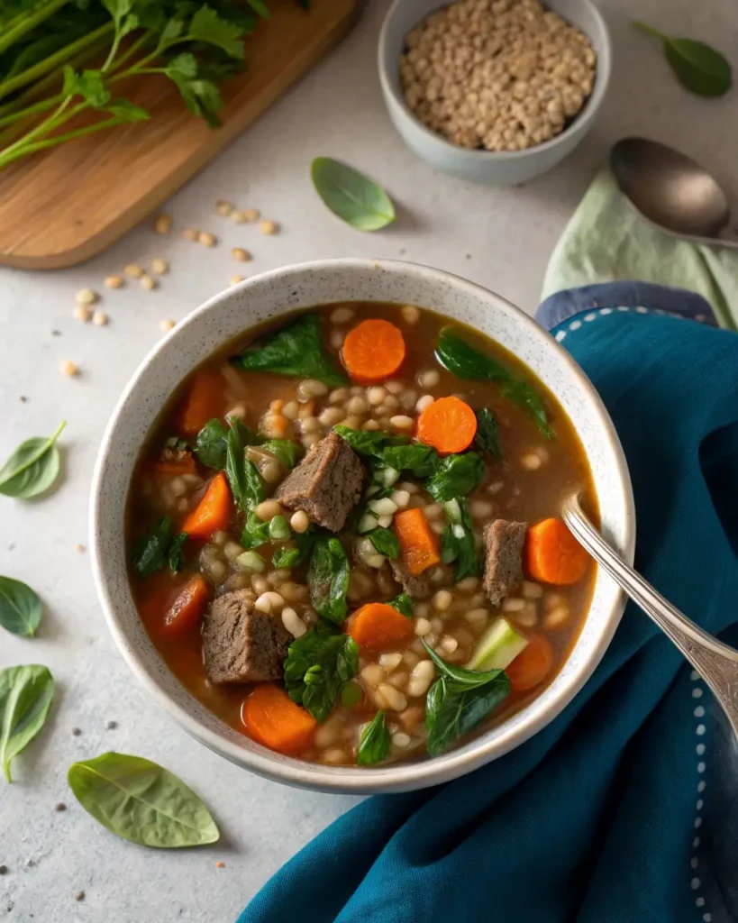 Healthy beef barley soup with vegetables