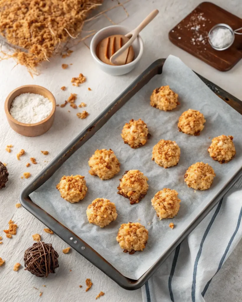 Homemade coconut clusters on baking tray