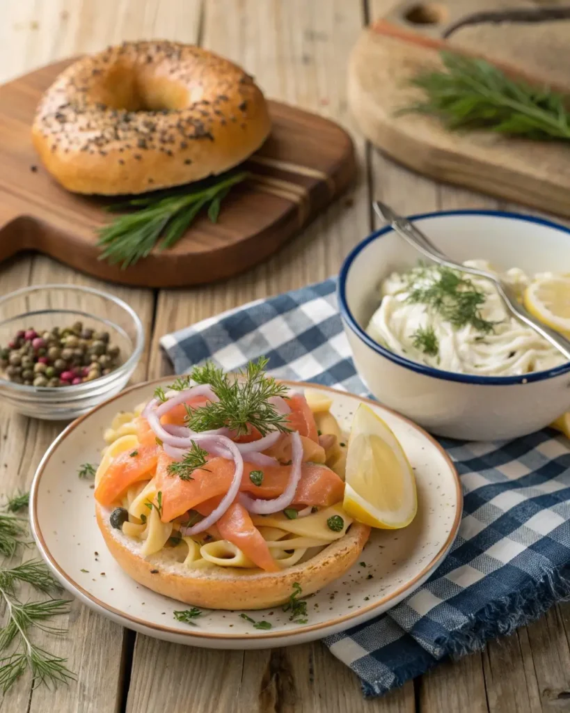 Hot-smoked salmon pasta and bagel bowl