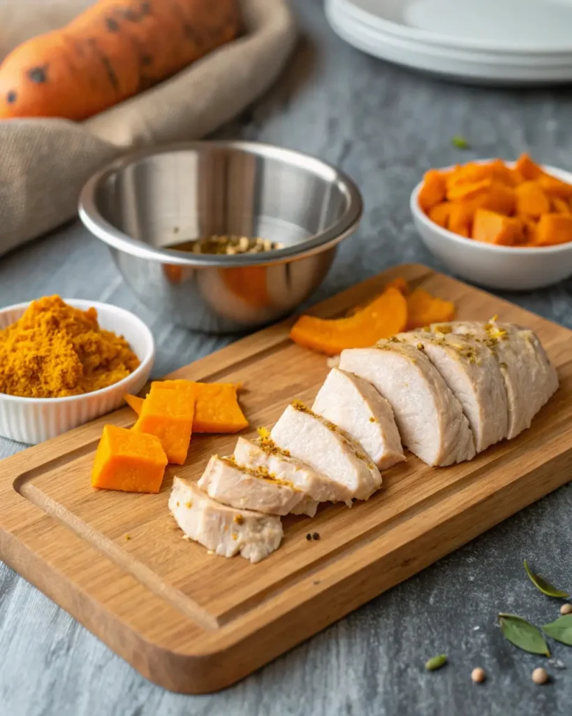 Ingredients for churu chicken amarillo recipe with chicken, turmeric, and pumpkin