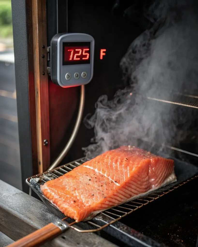 Internal smoked salmon temperature reading at 125°F