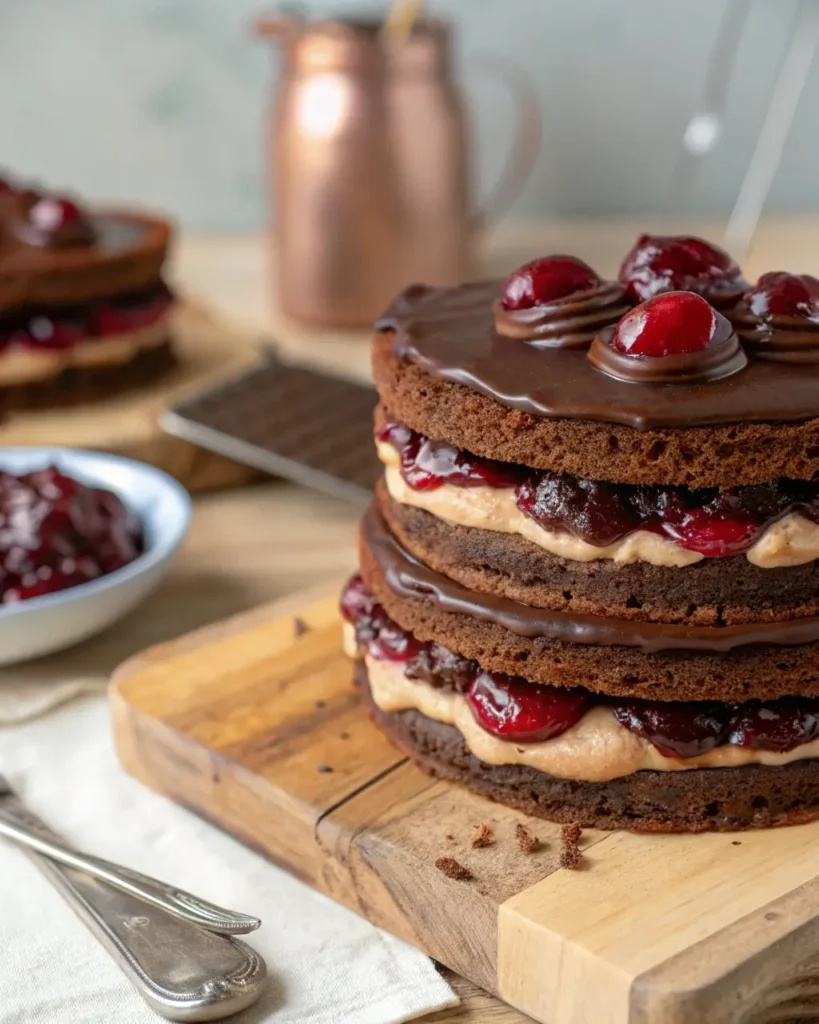 Layering a Swiss chocolate chalet cake with ganache and filling