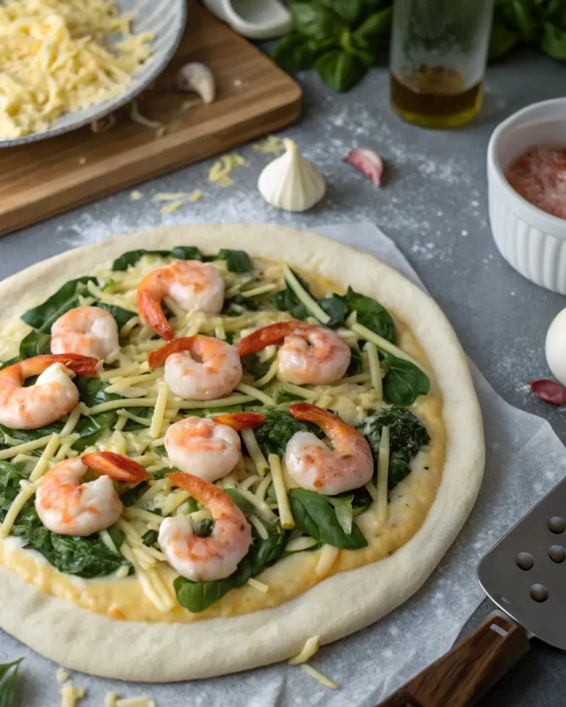 Layering shrimp, spinach, and cheese on pizza dough