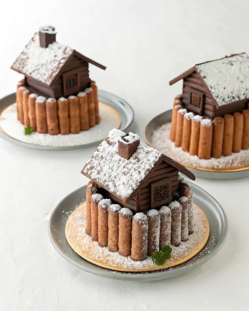 Mini Swiss chocolate chalet cakes with alpine decoration