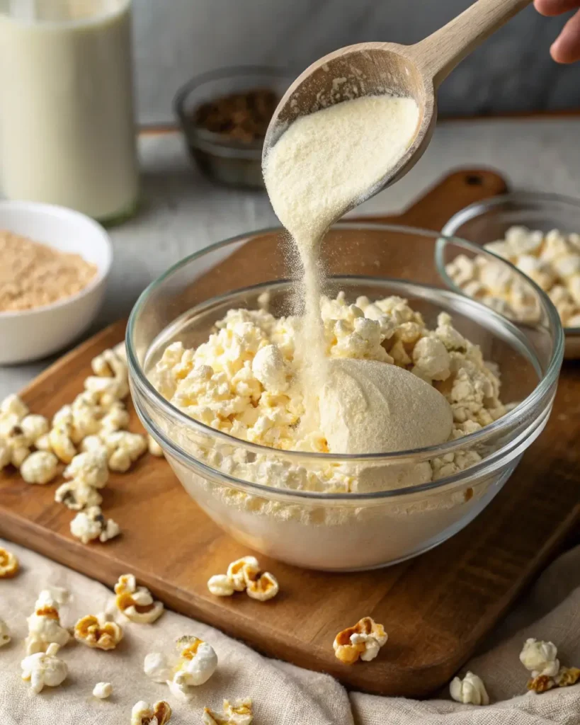 Mixing protein powder into popcorn