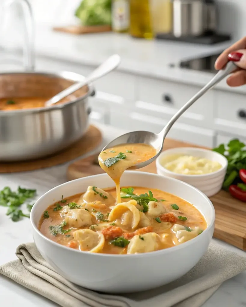 Pouring creamy chicken tortellini soup into a white bowl
