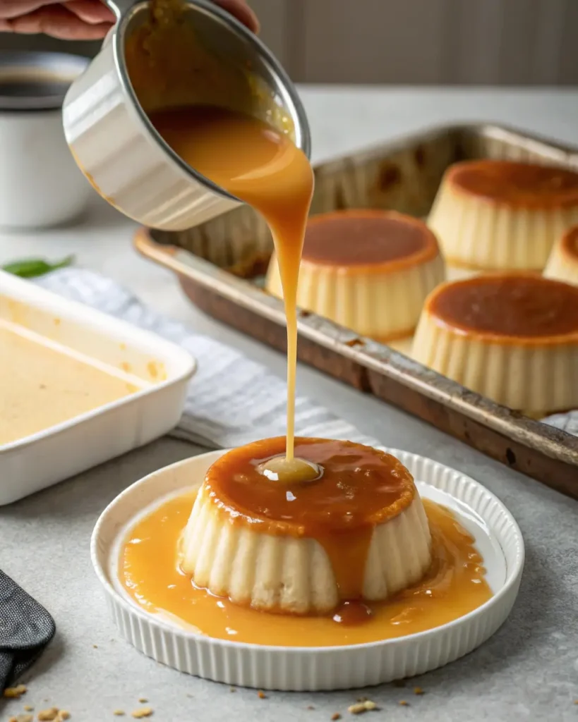 Quesillo custard poured into caramel-coated mold