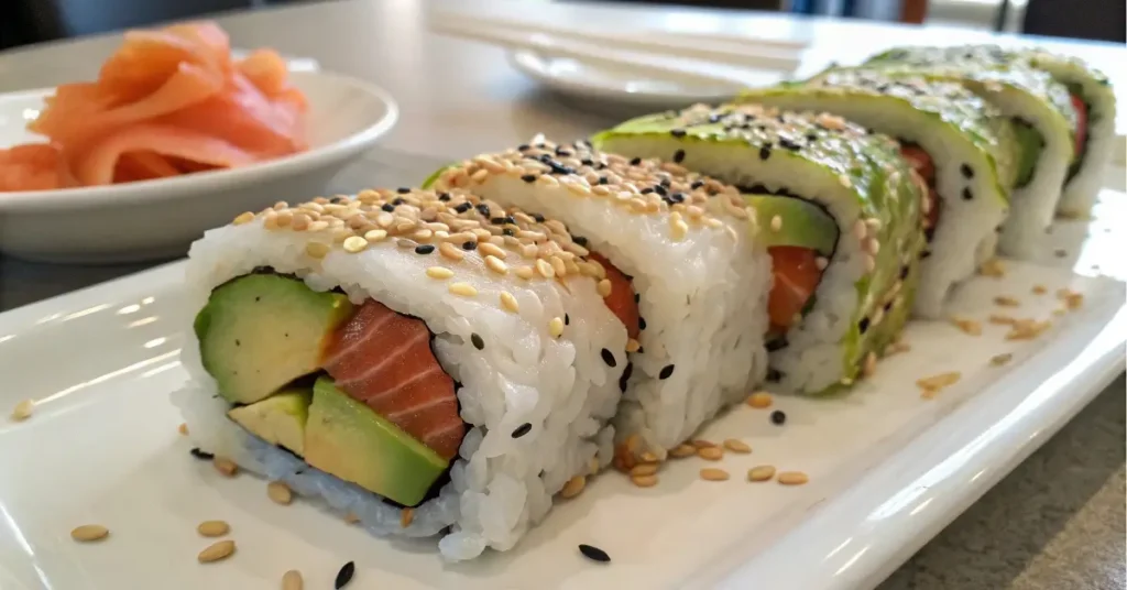 Roll Alaska sushi on white plate with smoked salmon and avocado