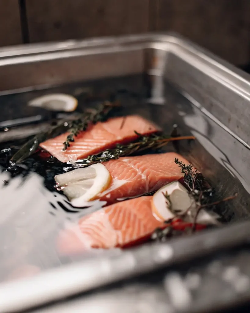 Salmon fillets brining with herbs and lemon