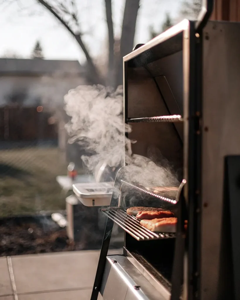 Salmon fillets on smoker grates with smoke rising