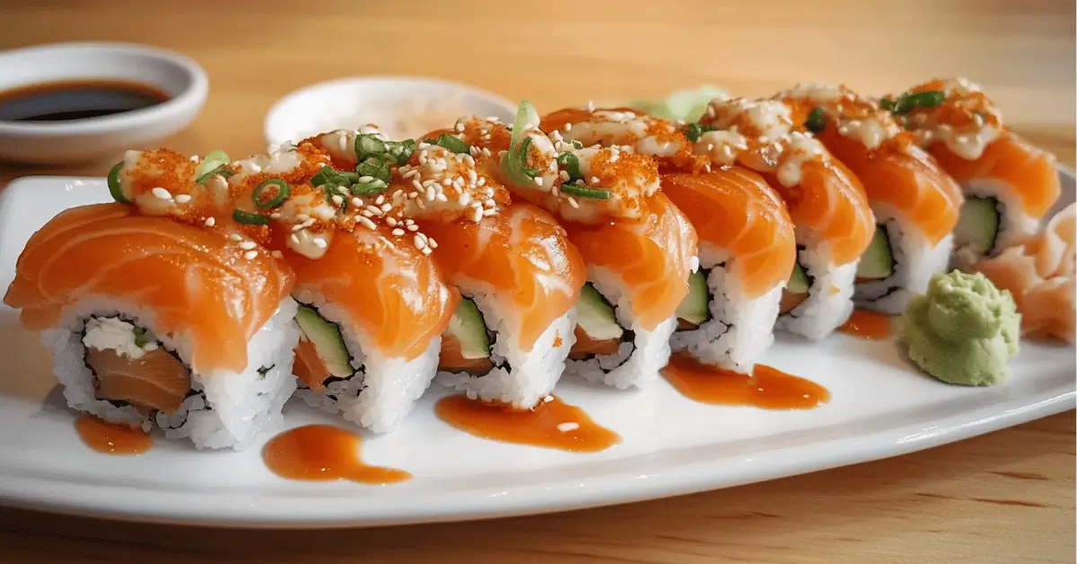 Sushi order topped with salmon on dark plate