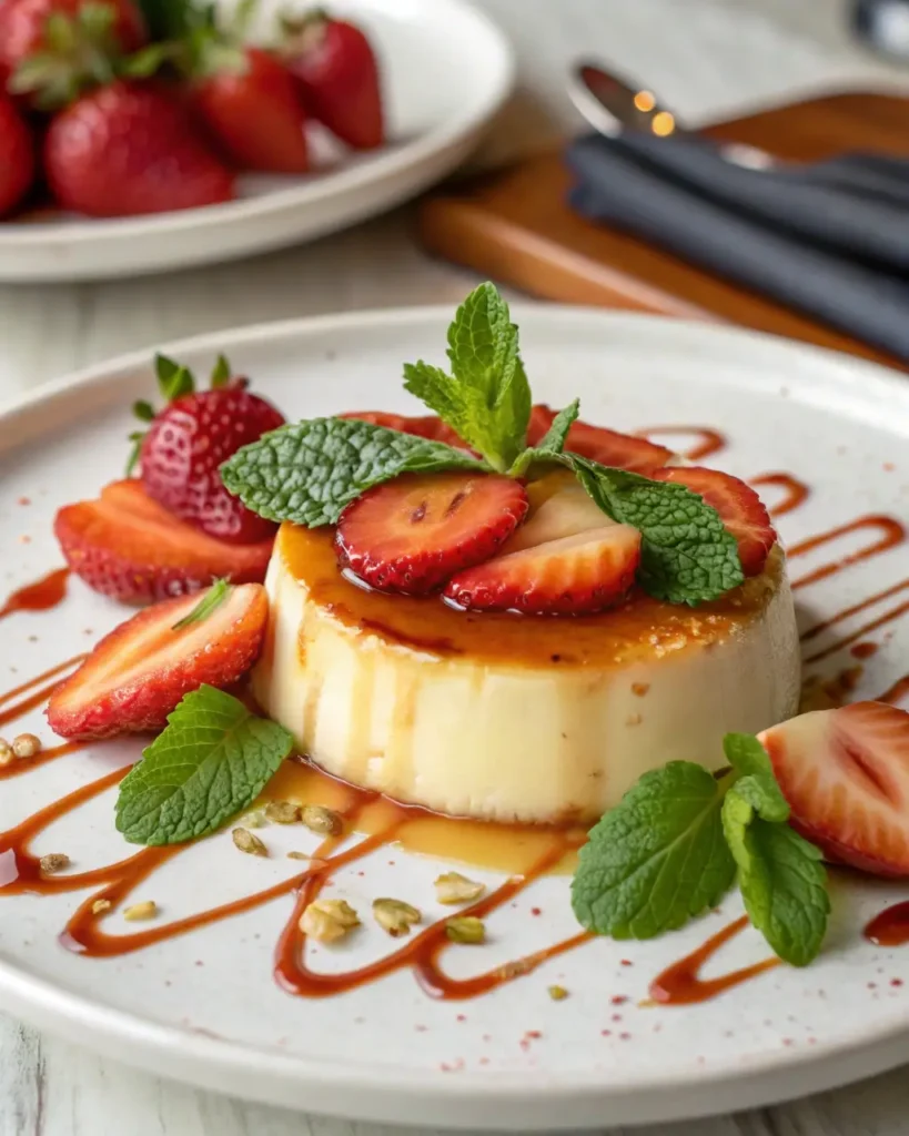 Served quesillo with strawberries and caramel drizzle