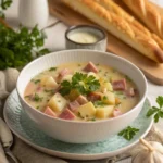 Serving Ham and Potato Soup with Garlic Bread
