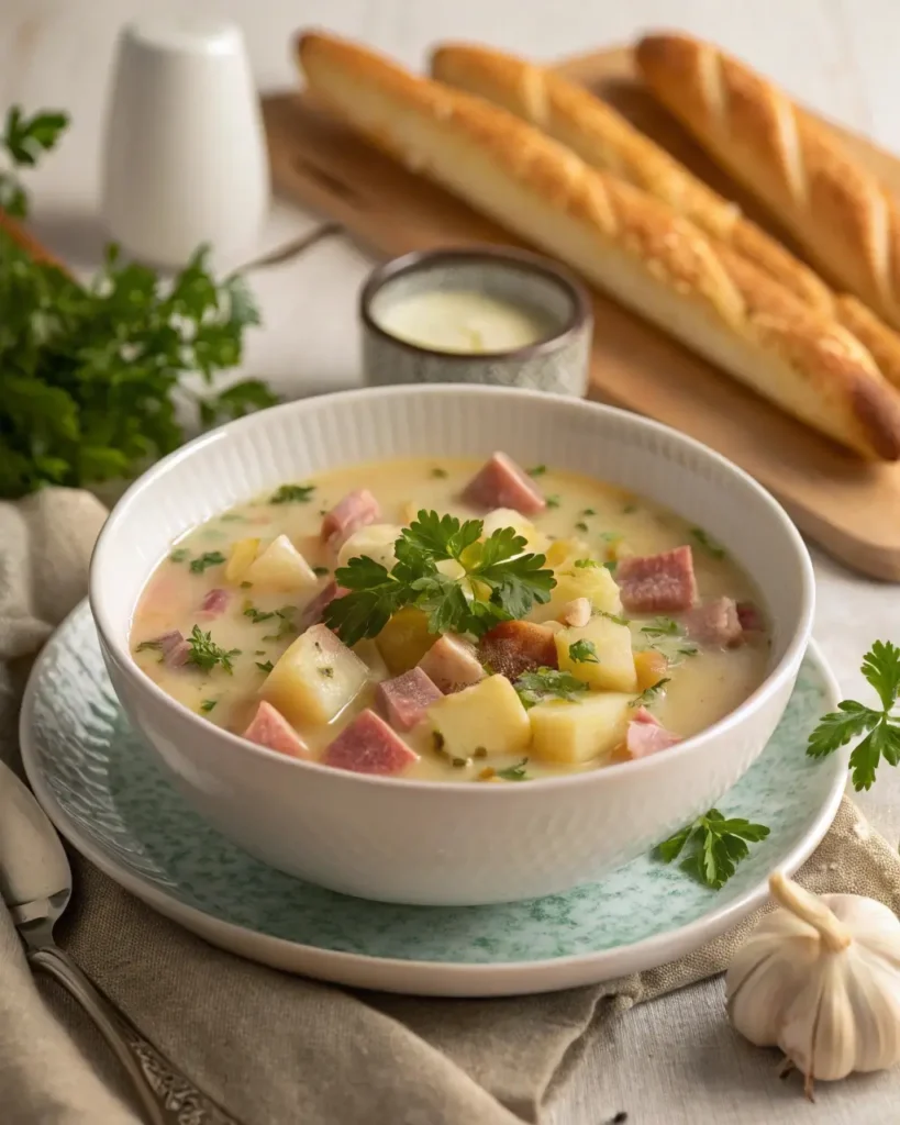 Serving Ham and Potato Soup with Garlic Bread