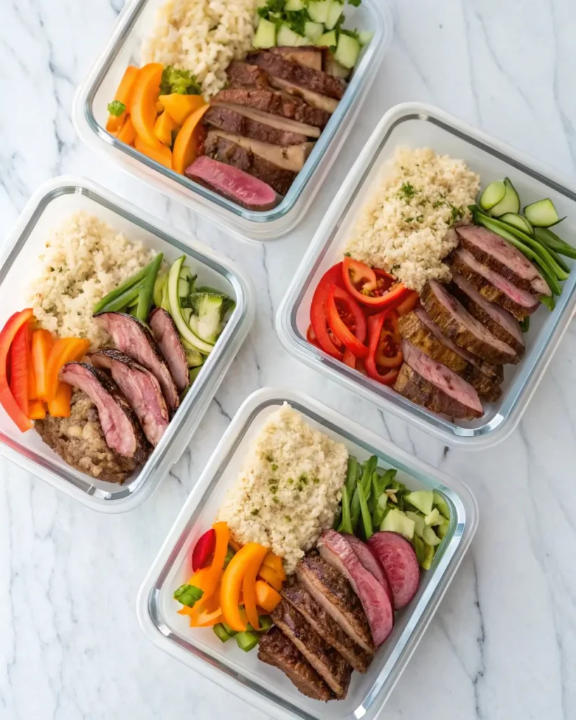 Shaved ribeye meal prep containers