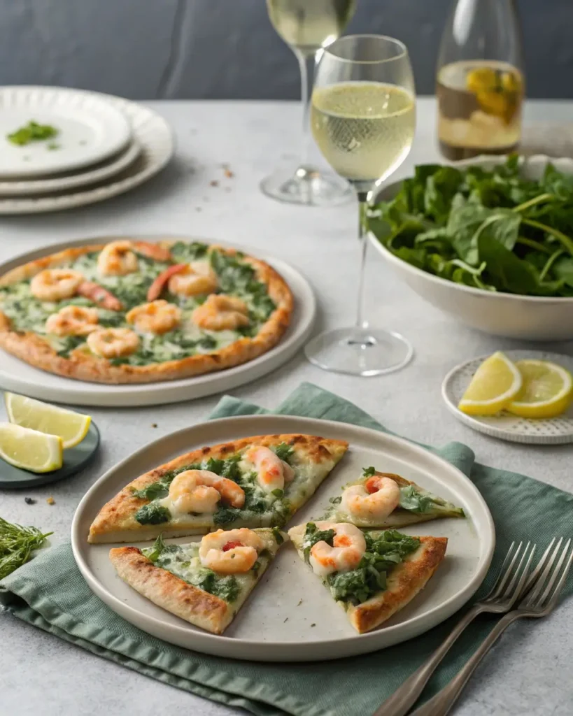 Shrimp Scampi and Spinach Pizza served with salad and white wine