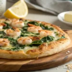 Shrimp Scampi and Spinach Pizza with garlic shrimp and spinach on wood-fired crust