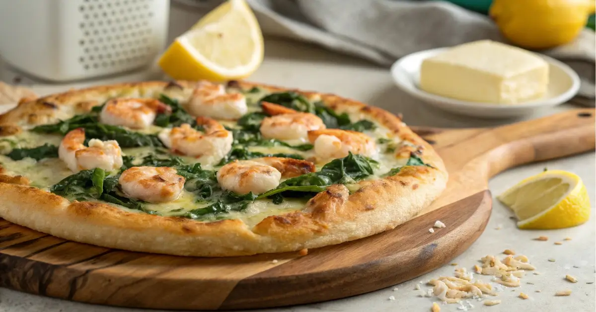 Shrimp Scampi and Spinach Pizza with garlic shrimp and spinach on wood-fired crust