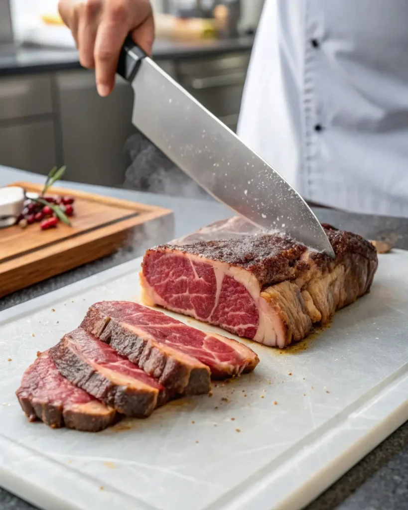 Slicing partially frozen ribeye thinly