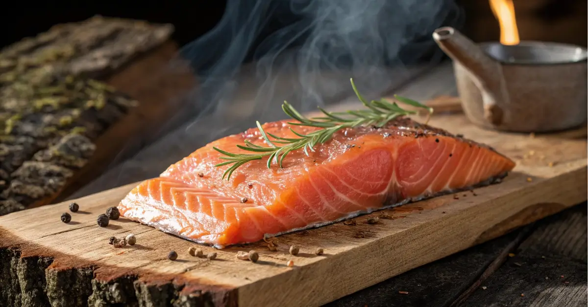 Smoked salmon on cedar plank in a smoker