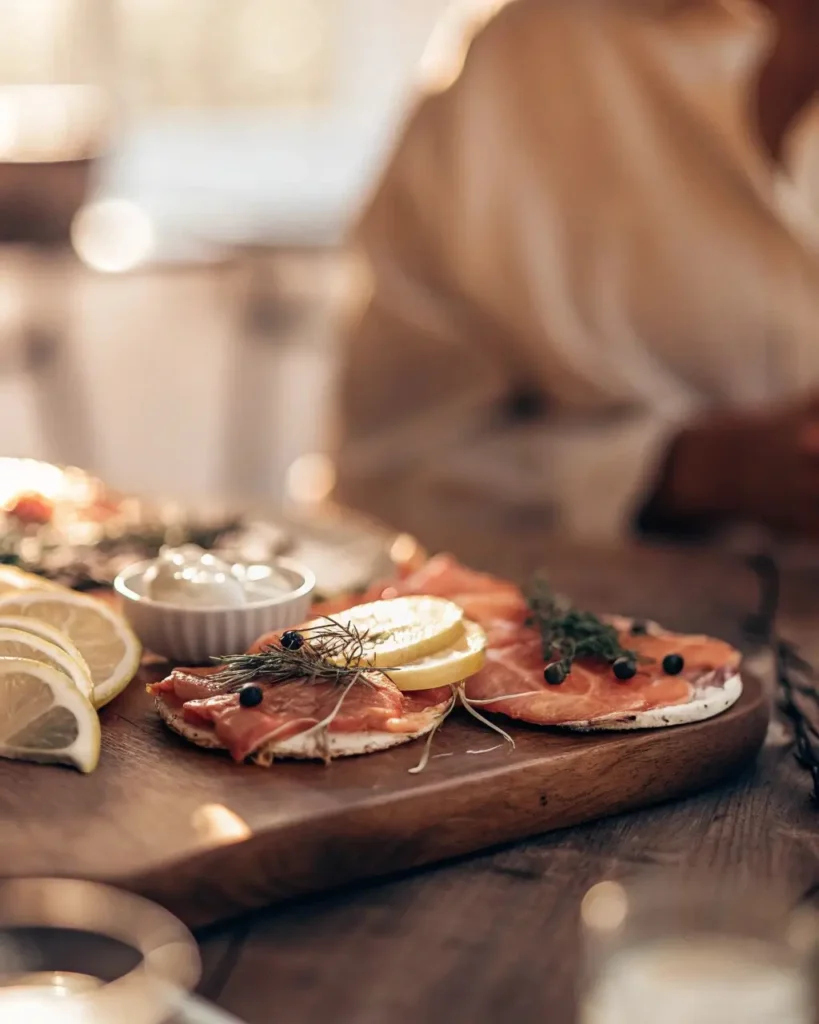 Smoked salmon serving board with lemon, dill, and capers