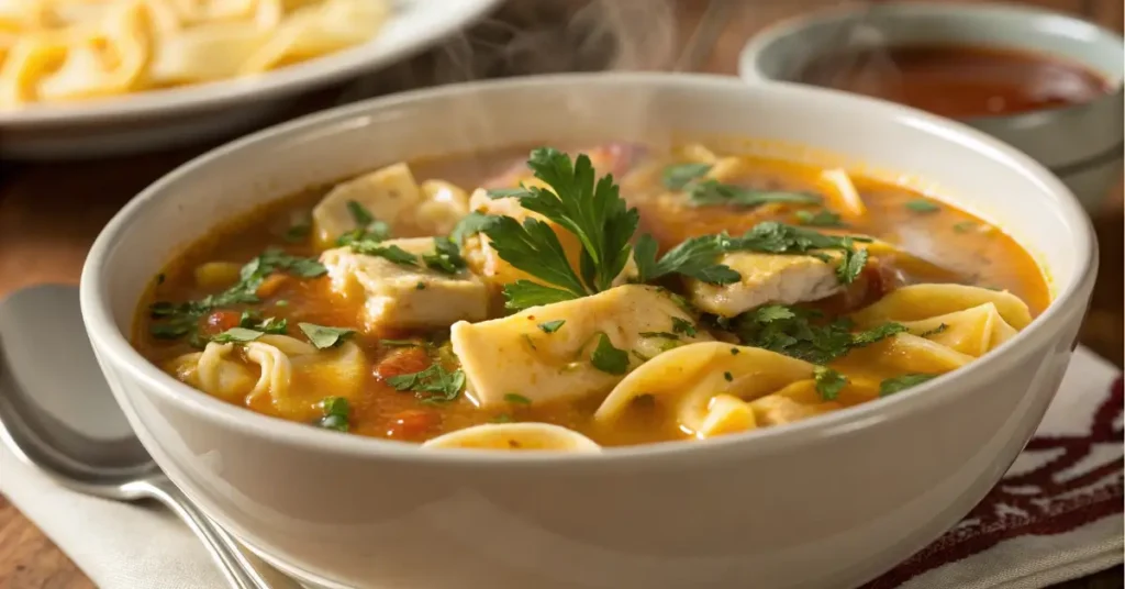 Steaming bowl of chicken tortellini soup with fresh herbs