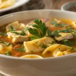 Steaming bowl of chicken tortellini soup with fresh herbs
