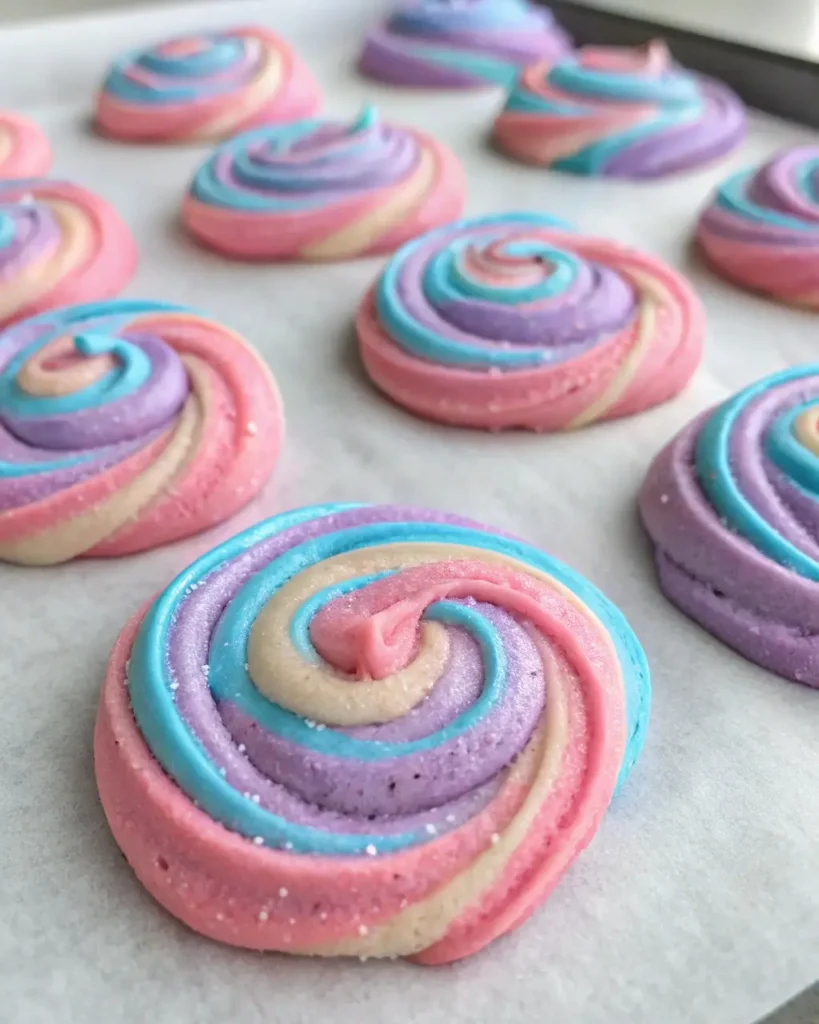 Swirled unicorn cookie dough being shaped