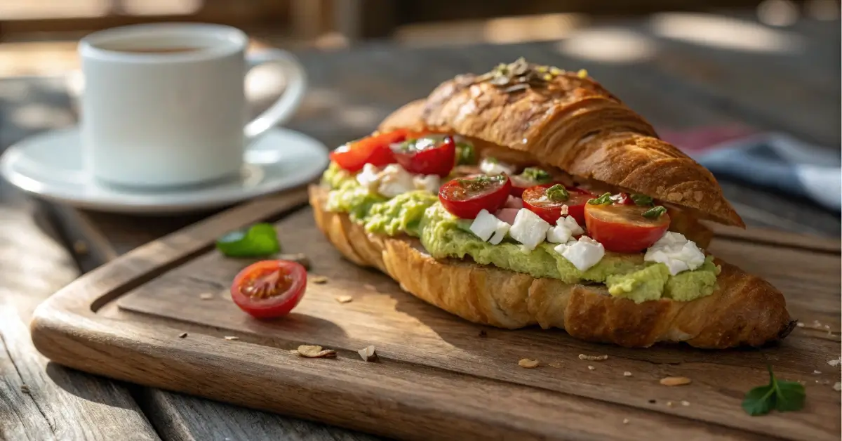 Toasted cosatunite with avocado and tomato topping