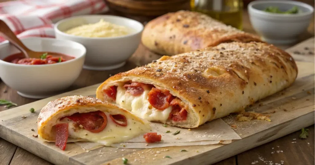 Tremendus Cheesy Pepperoni Stromboli close-up shot