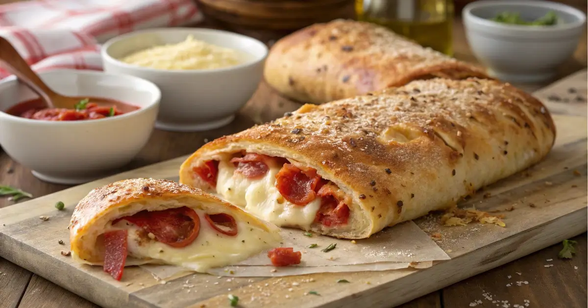 Tremendus Cheesy Pepperoni Stromboli close-up shot
