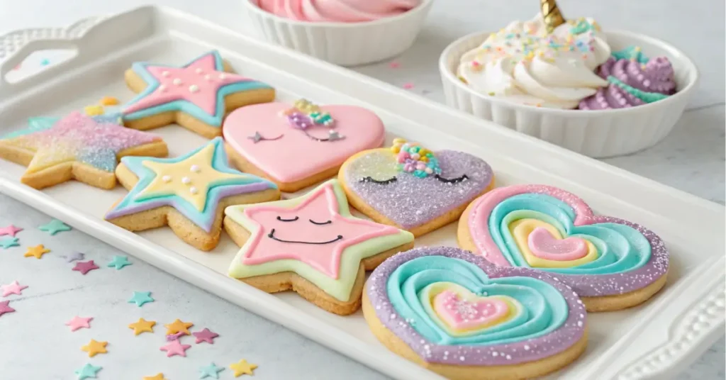 Unicorn cookies decorated with pastel colors and glitter on a platter