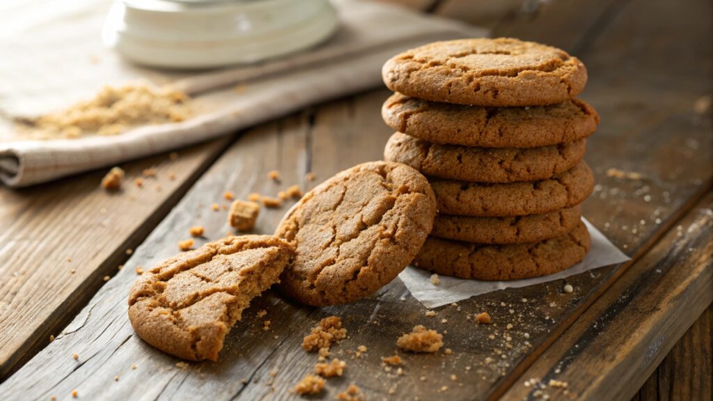Vermont chewy molasses cookies stacked on a rustic table