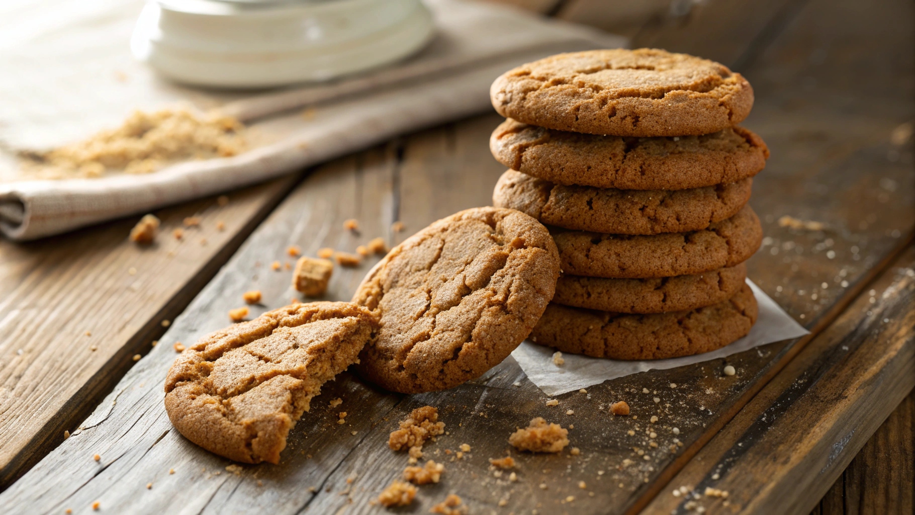 Vermont chewy molasses cookies stacked on a rustic table