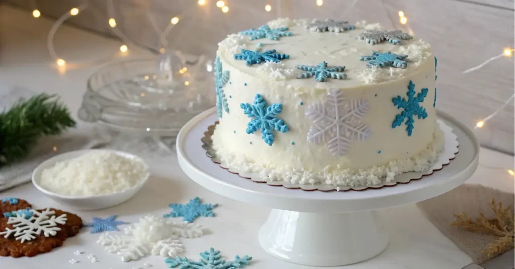 Winter wonderland cake with edible snowflakes
