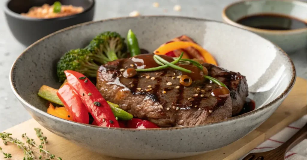 black pepper angus steak panda express dish close-up