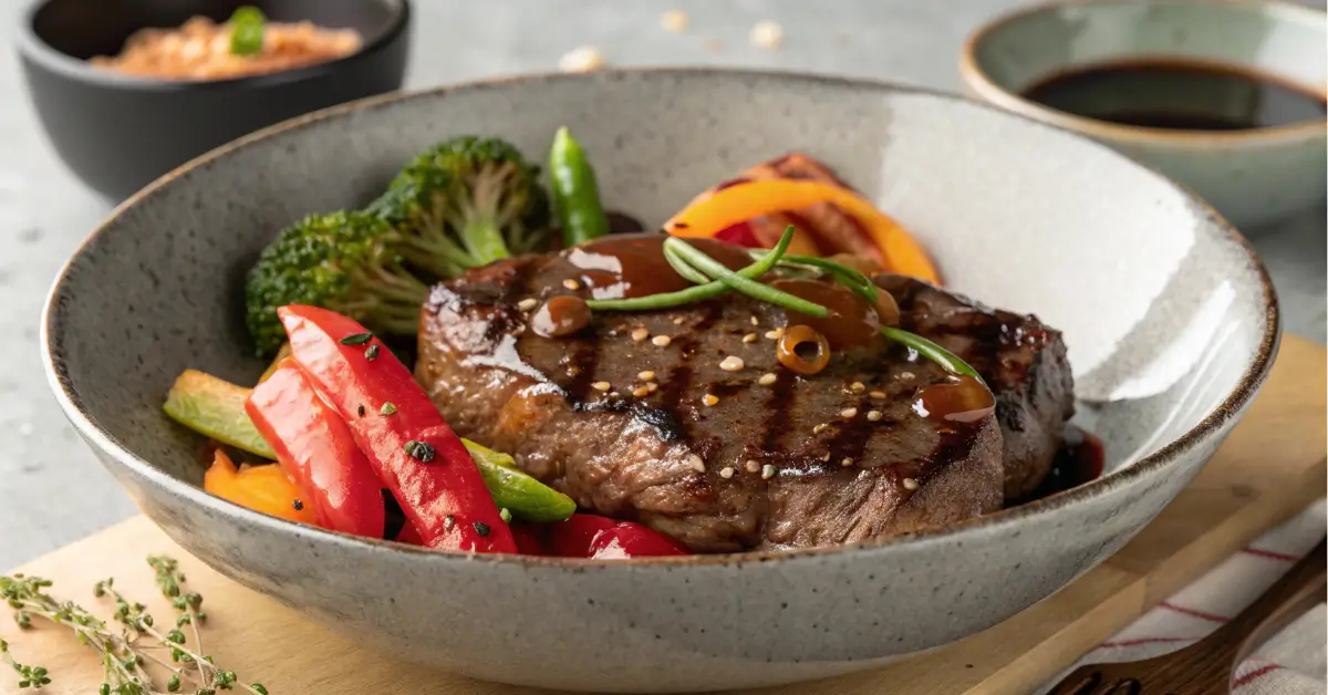 black pepper angus steak panda express dish close-up