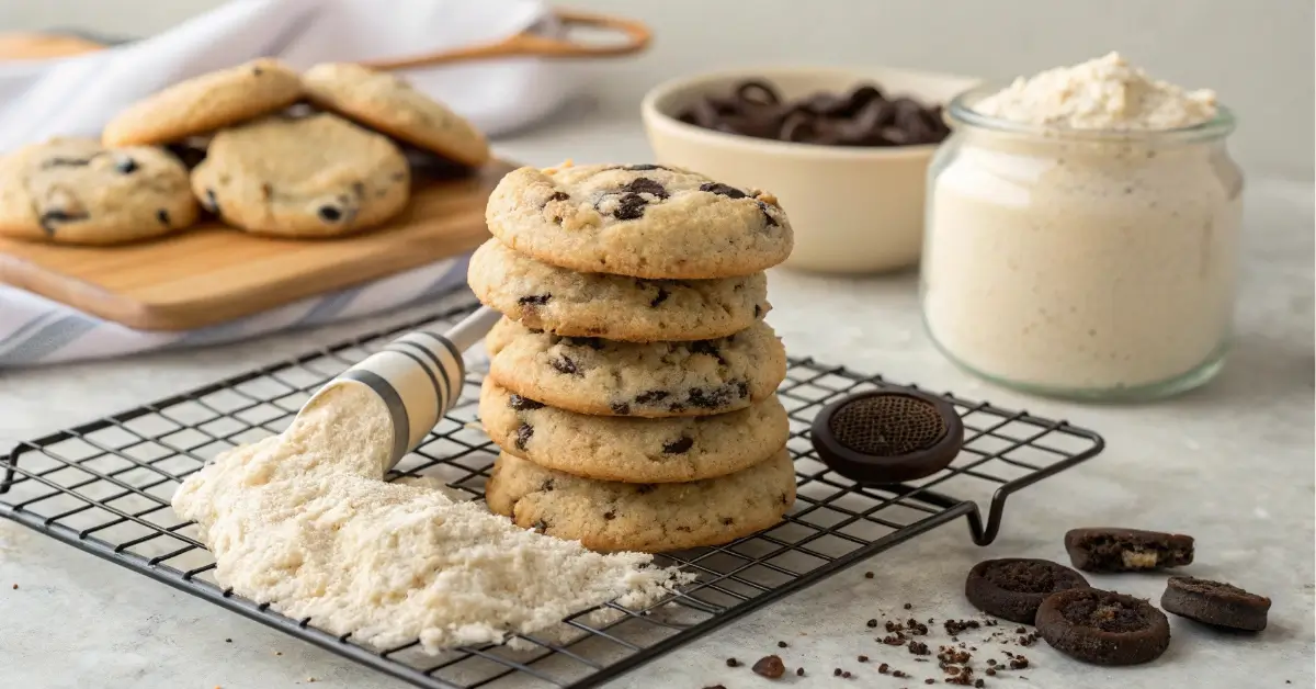 cookies and cream protein powder cookies stacked on a cooling rack
