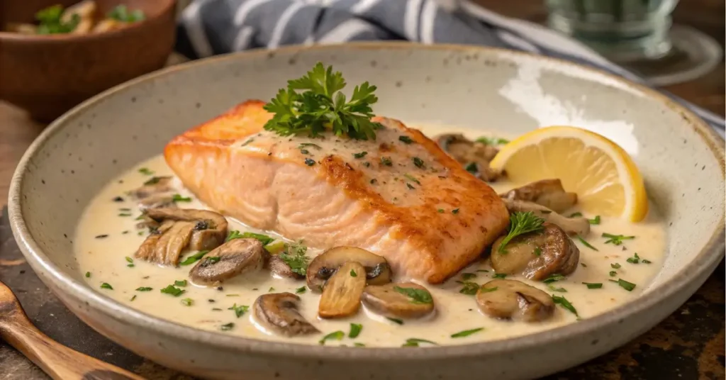 creamy salmon mushroom recipe plated in sauce