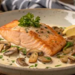 creamy salmon mushroom recipe plated in sauce