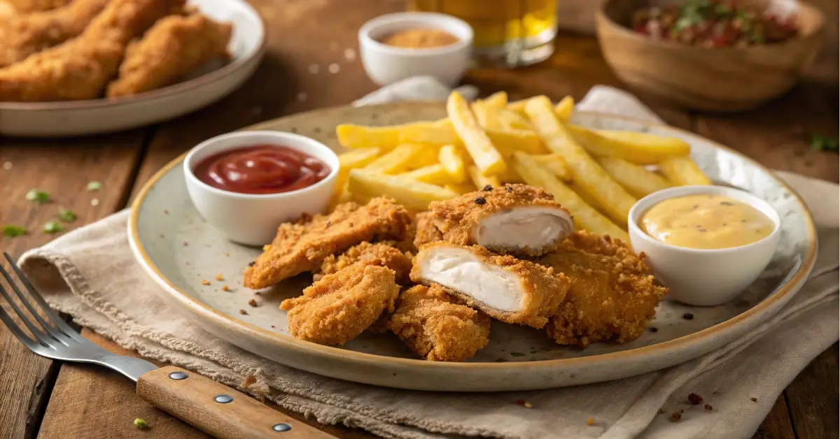 crispy chicken tenders and fries on plate with sauces