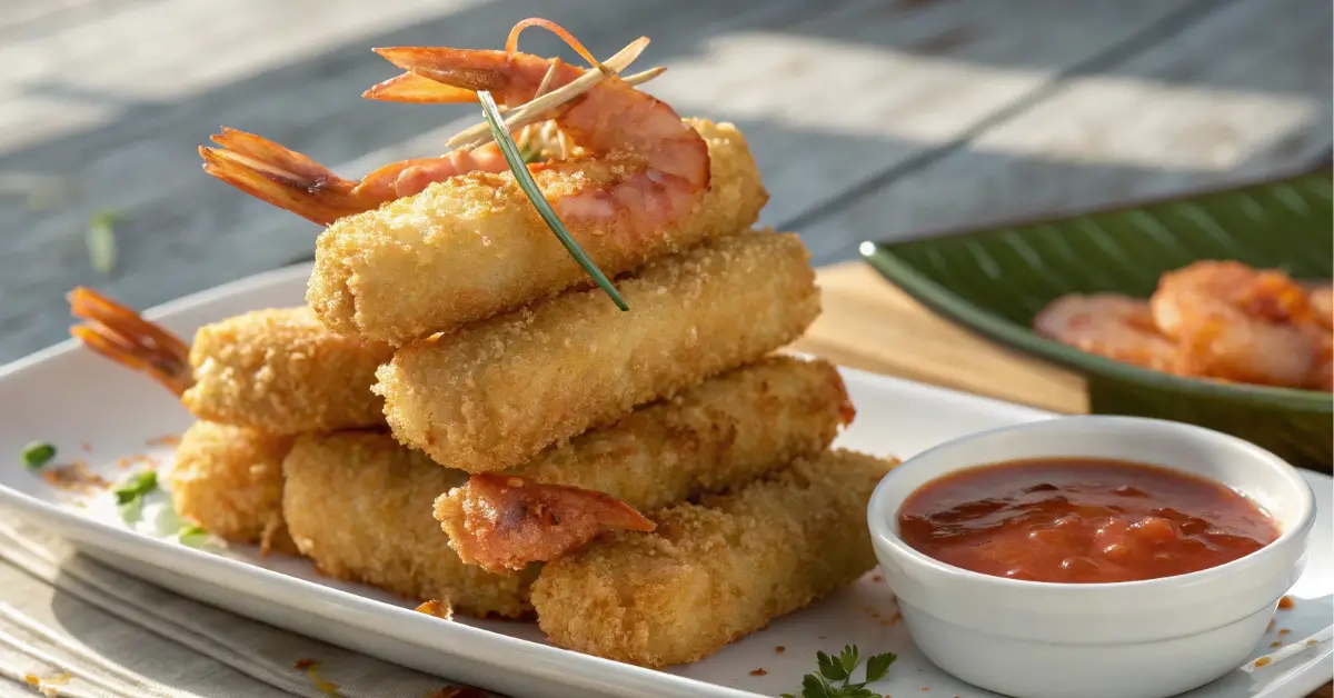 crispy shrimp sticks snacks served with dipping sauce
