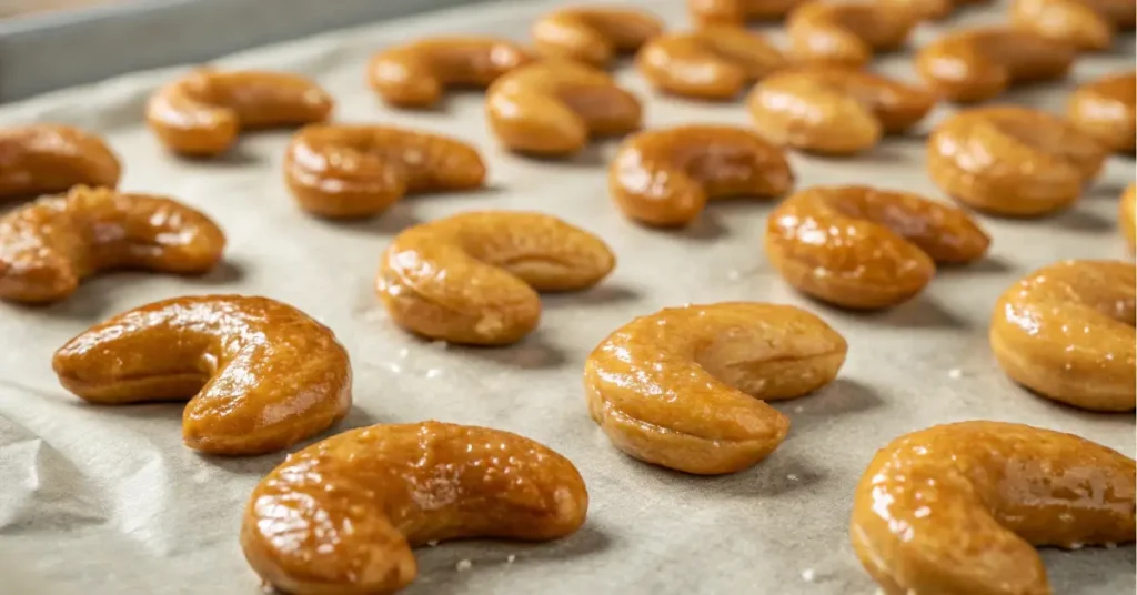 glossy candied cashews on parchment paper