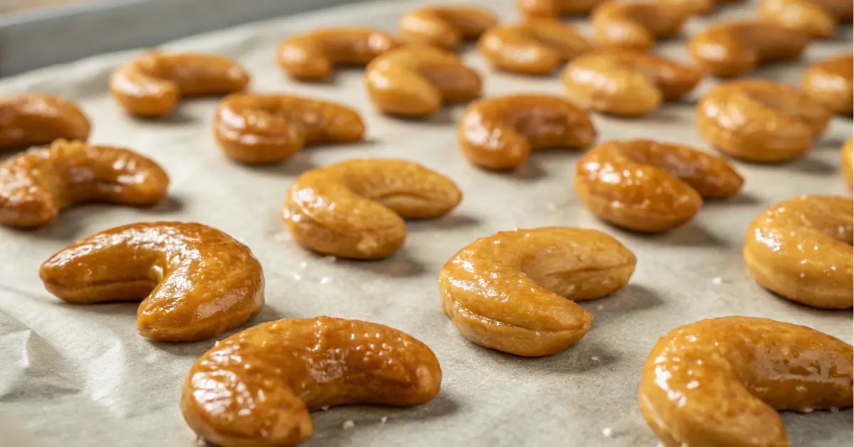 glossy candied cashews on parchment paper