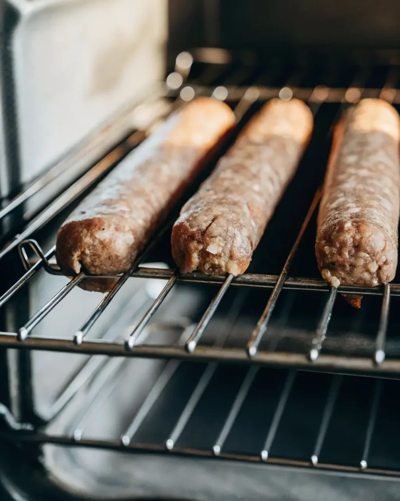 homemade summer sausage cooking in oven